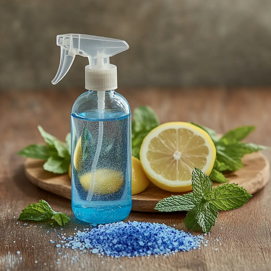 Blue Salt Trick served in a clear spray bottle, with a mist of blue sea salt solution and fresh mint and lemon.