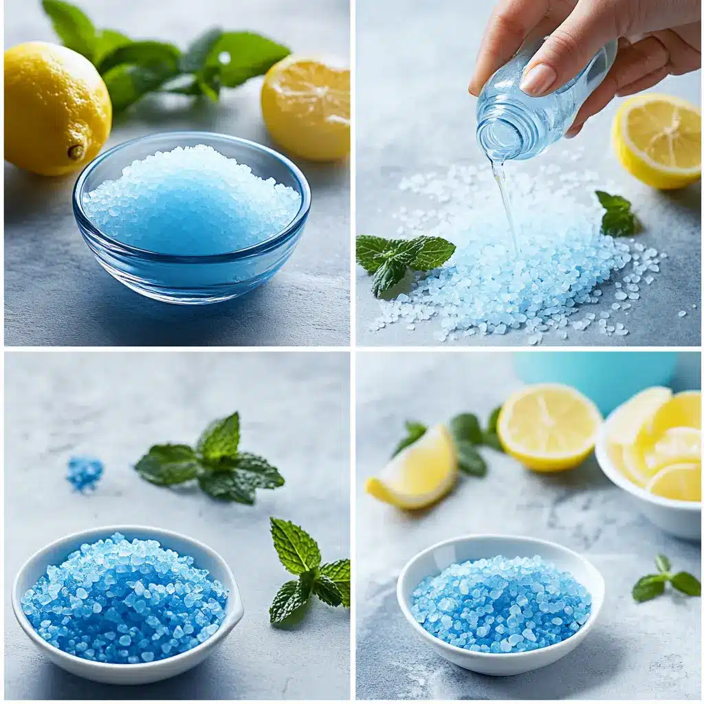 Step-by-step guide for making the Blue Salt Trick recipe, showing blue sea salt, water, lemon juice, and mint.