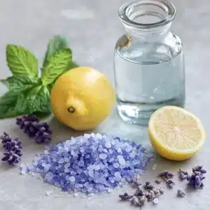Naturally blue sea salt, lemon, mint leaves, and filtered water for the Blue Salt Trick recipe.