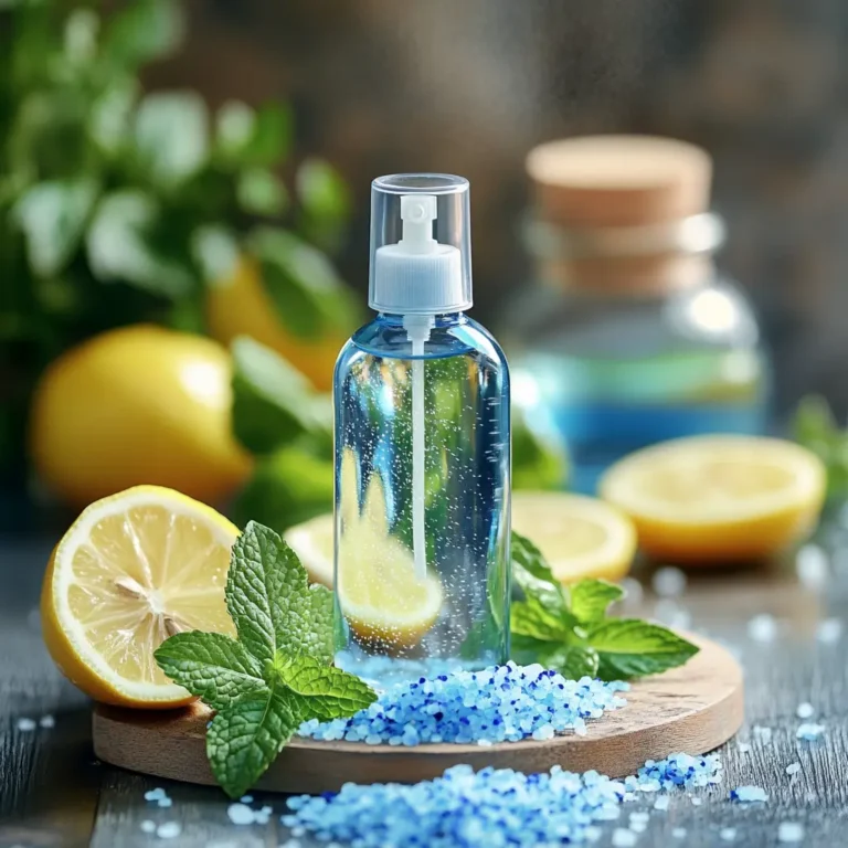 Blue Salt Trick served in a clear spray bottle, with a mist of blue sea salt solution and fresh mint and lemon.