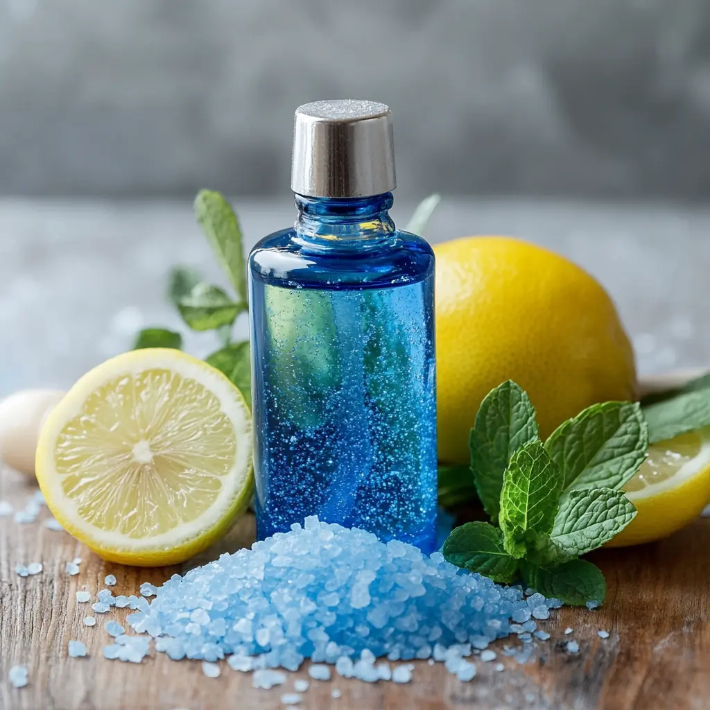 Blue Salt Trick recipe in a blue glass atomizer with mint, lemon, and blue sea salt, showcasing a refreshing wellness remedy.