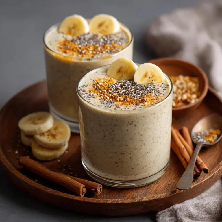 A final glass of banana smoothie for weight loss, garnished with banana slices and chia seeds