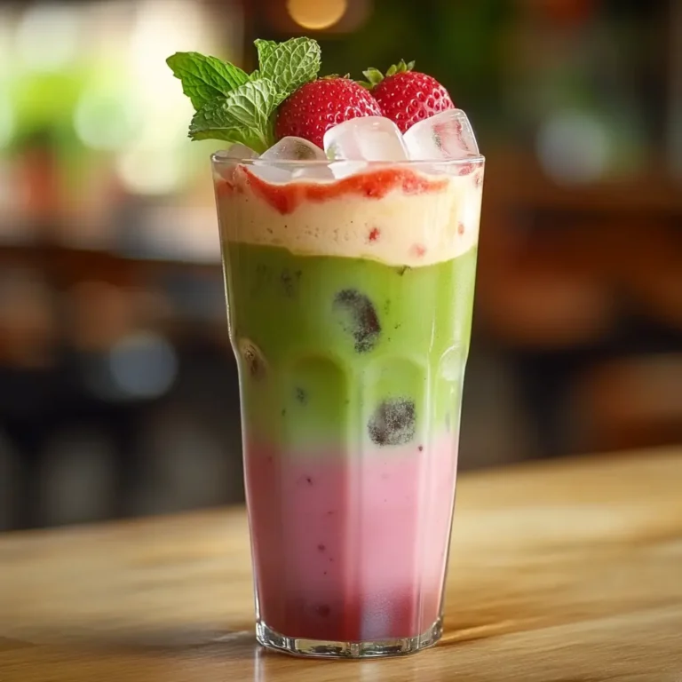 Iced Strawberry Matcha Latte served in a clear glass with vibrant green and pink layers