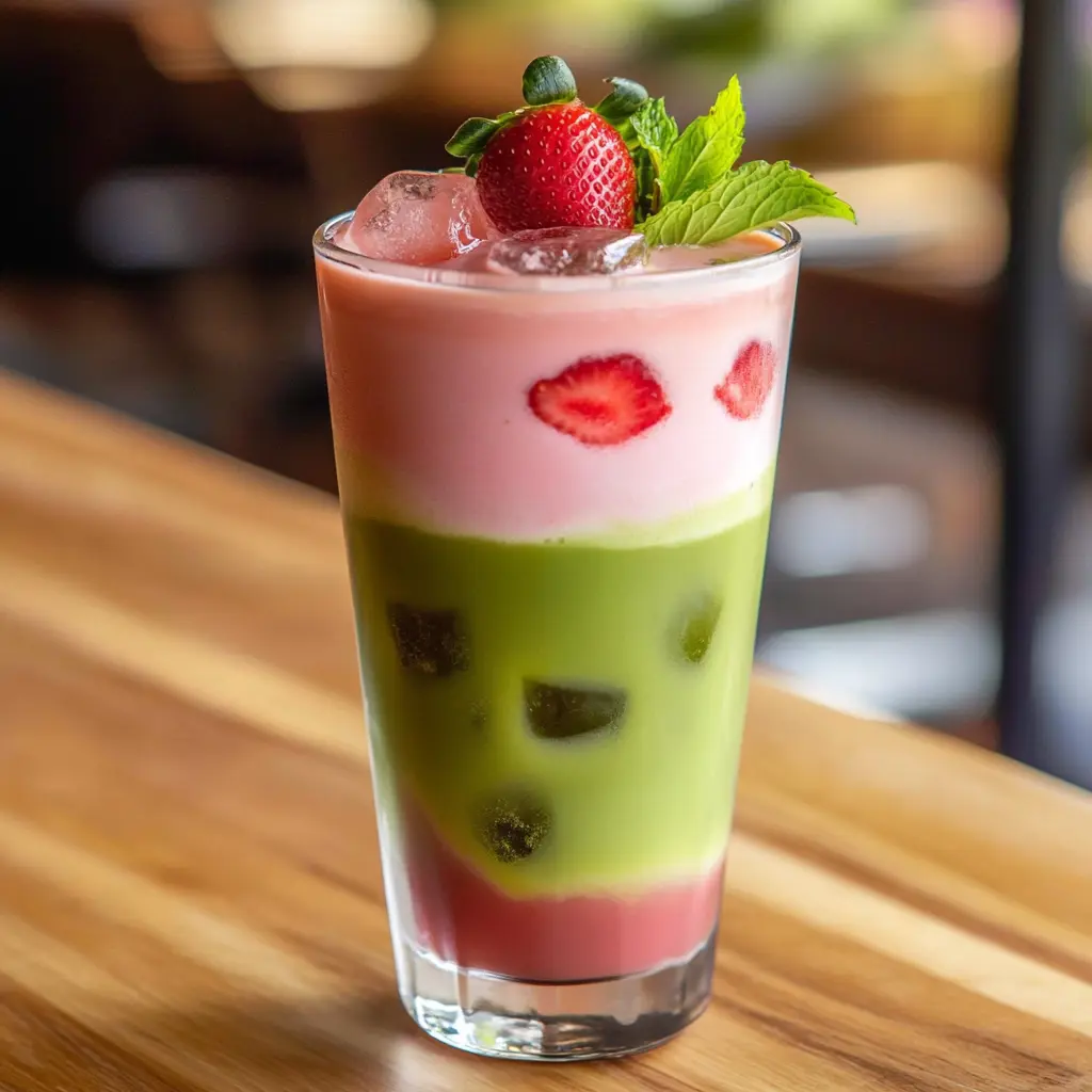 Iced Strawberry Matcha Latte served in a clear glass with vibrant green and pink layers