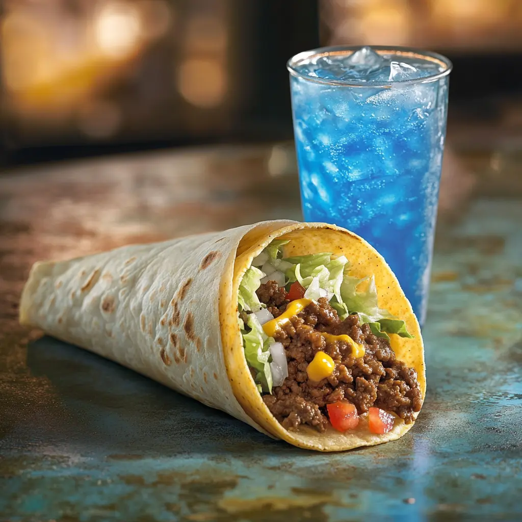 Taco Bell Baja Midnight served with Baja Blast drink
