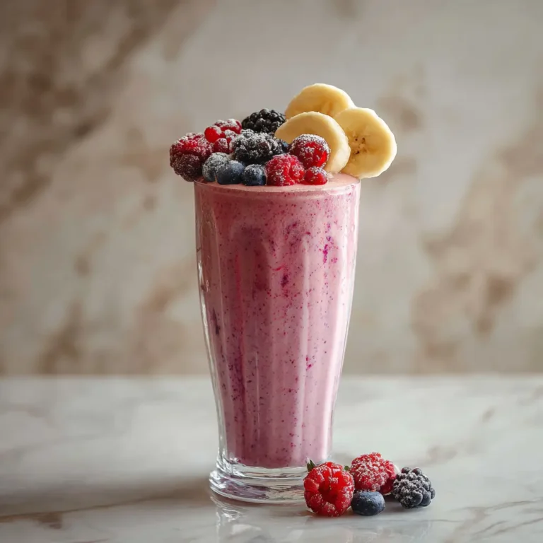 A tall glass of banana berry protein smoothie with fresh fruit garnishes, placed on a wooden countertop in a clean kitchen setting