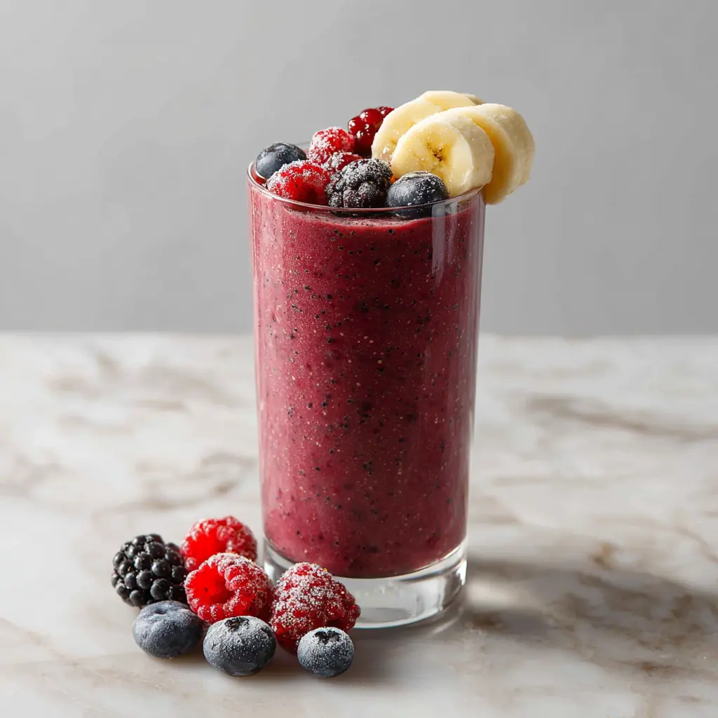 A close-up of a banana berry protein smoothie in a glass, garnished with banana slices, blueberries, and raspberries, set against a softly blurred background.
