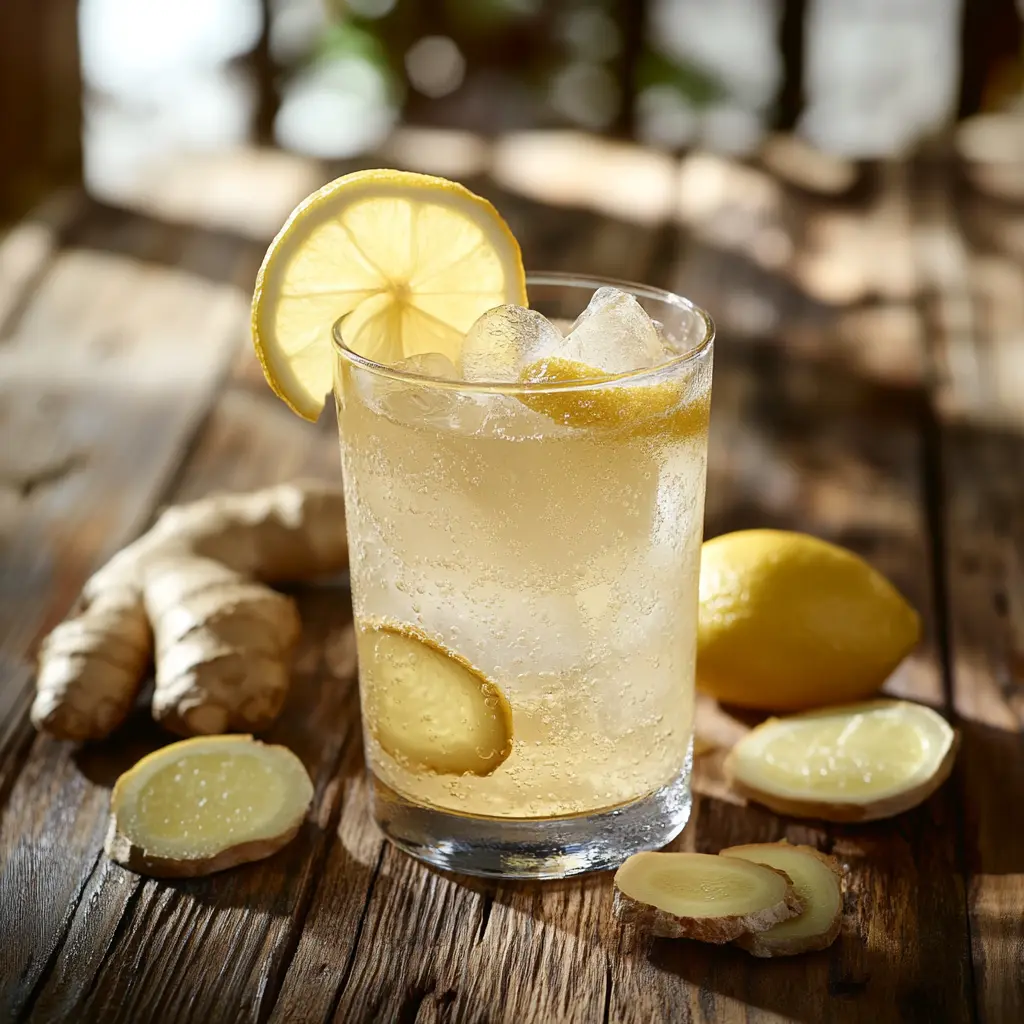 Serving of Japanese Mounjaro drink with lemon slice and ginger.
