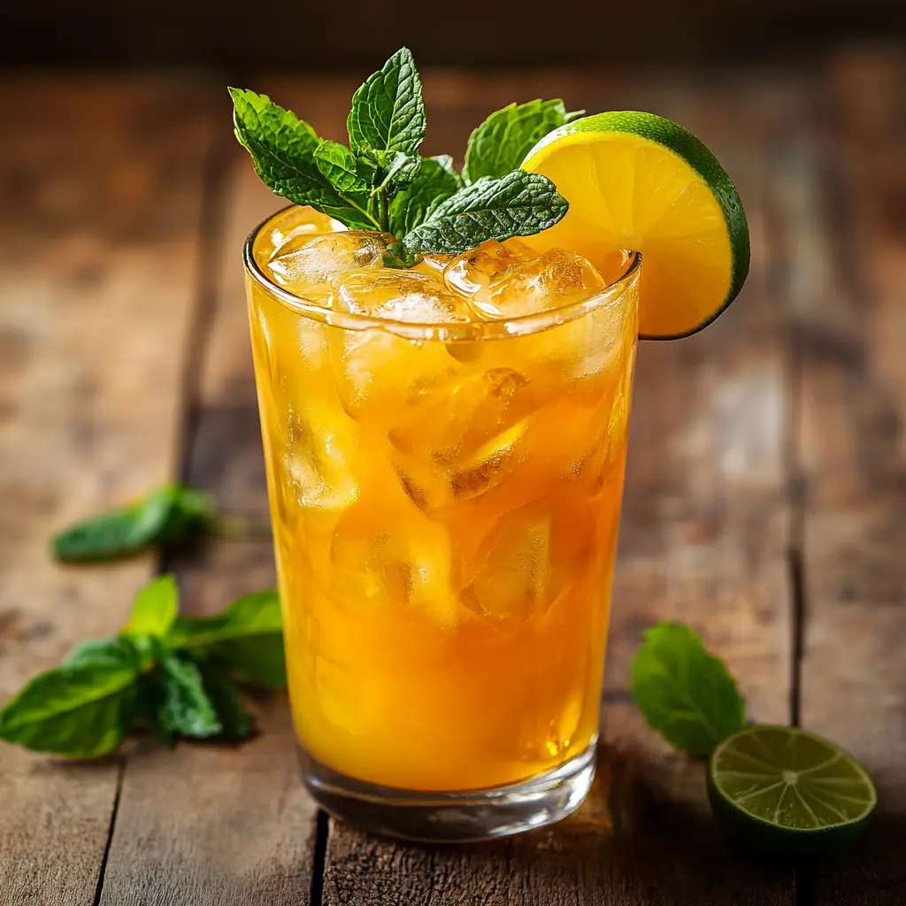 Mango iced tea served in a glass with lime and mint garnish, ice cubes floating.