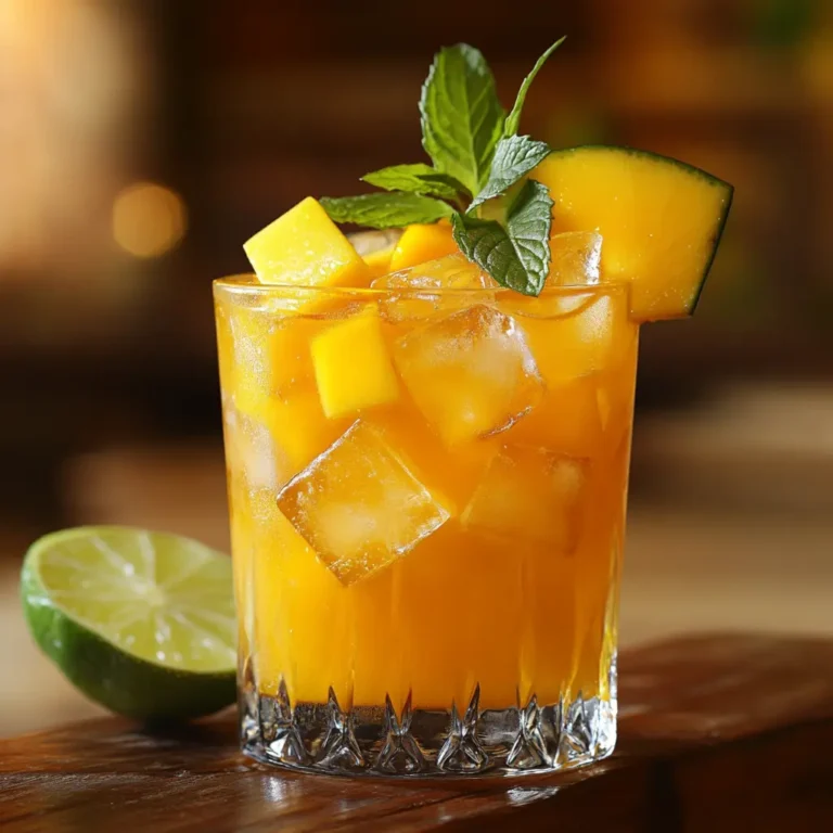 Mango iced tea served in a glass with lime and mint garnish, ice cubes floating.