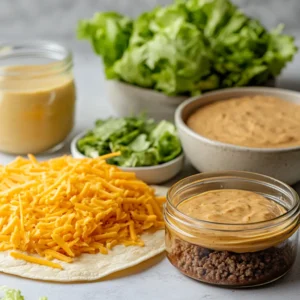 Ingredients for Taco Bell Baja Midnight: ground beef, flour tortillas, Baja sauce, shredded lettuce, cheese