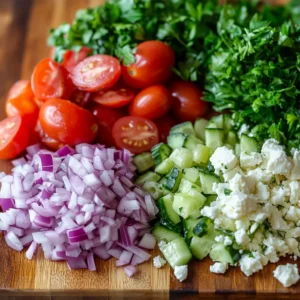 Fresh ingredients for Greek Orzo Salad: tomatoes, cucumbers, olives, feta, and parsley