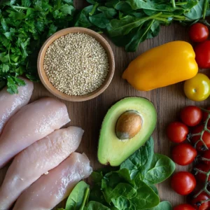Ingredients for the Natural Mounjaro Recipe including chicken, quinoa, avocado, and vegetables.