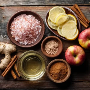 Ingredients for pink salt trick: pink Himalayan salt, lemon, apple cider vinegar, cinnamon, and ginger