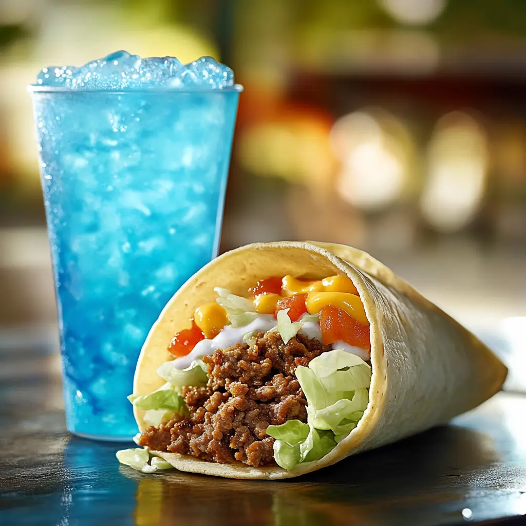 Taco Bell Baja Midnight and Baja Blast, a perfect combination of seasoned beef, Baja sauce, and a refreshing tropical drink