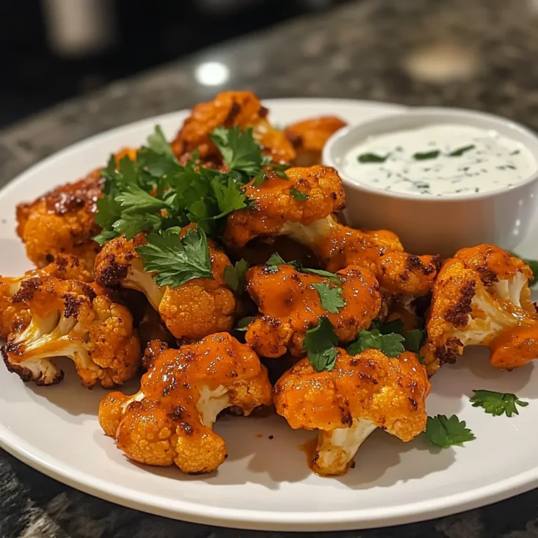 Buffalo cauliflower served on a plate with creamy dipping sauce and fresh parsley garnish.