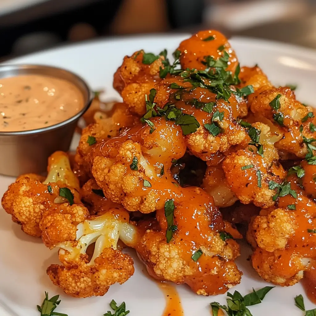 Buffalo cauliflower served on a plate with creamy dipping sauce and fresh parsley garnish.