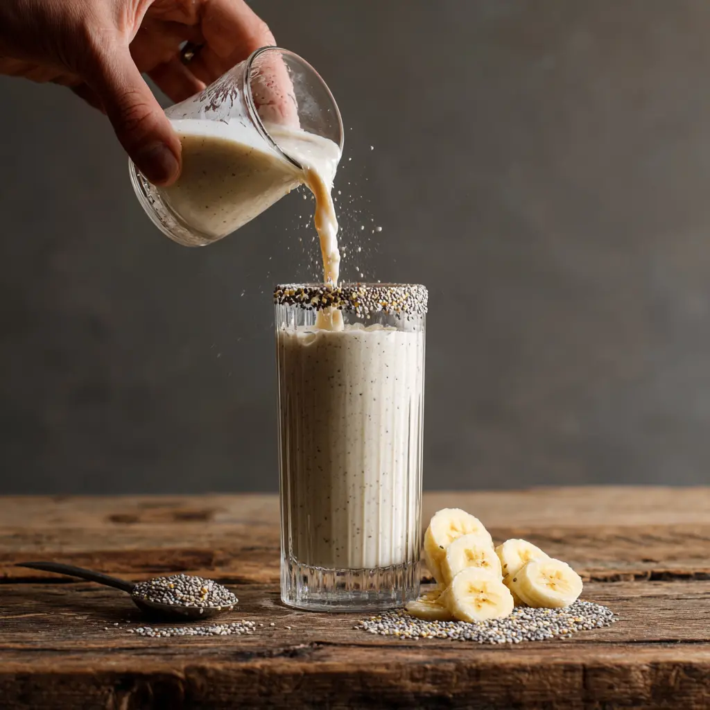 Pouring the finished banana smoothie into a glass for weight loss