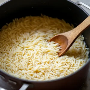 Cooking orzo pasta in a pot with a wooden spoon