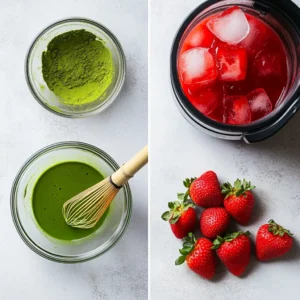 Step-by-step process of making Iced Strawberry Matcha Latte: whisking matcha and blending strawberries