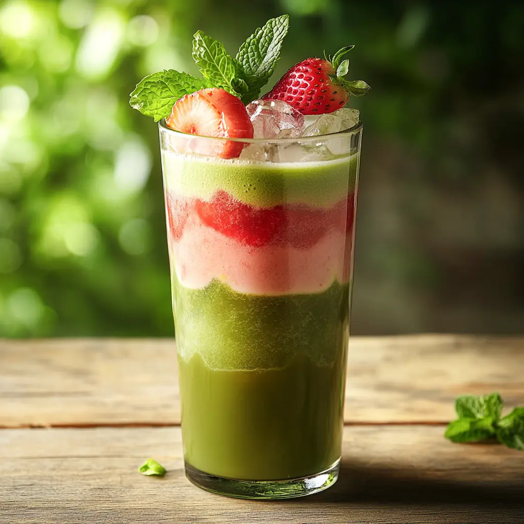 Iced Strawberry Matcha Latte in a clear glass, layered with green matcha and pink strawberry puree, garnished with a strawberry and mint sprig.