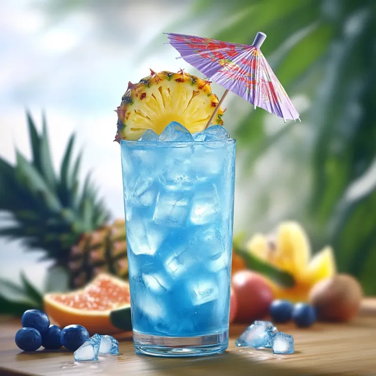 Blue Hawaiian Mocktail served in a tall glass with ice cubes, pineapple garnish, and a tropical umbrella.