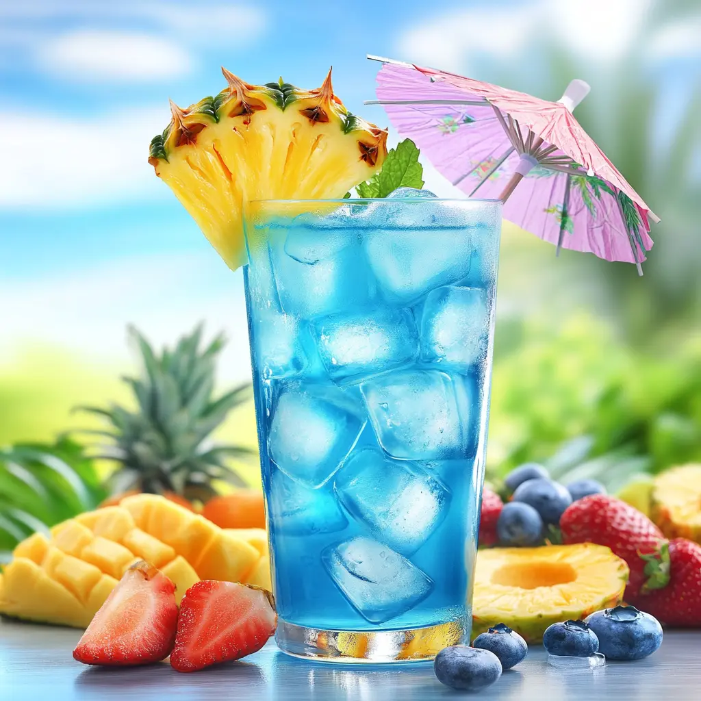 Blue Hawaiian Mocktail served in a tall glass with ice cubes, pineapple garnish, and a tropical umbrella.
