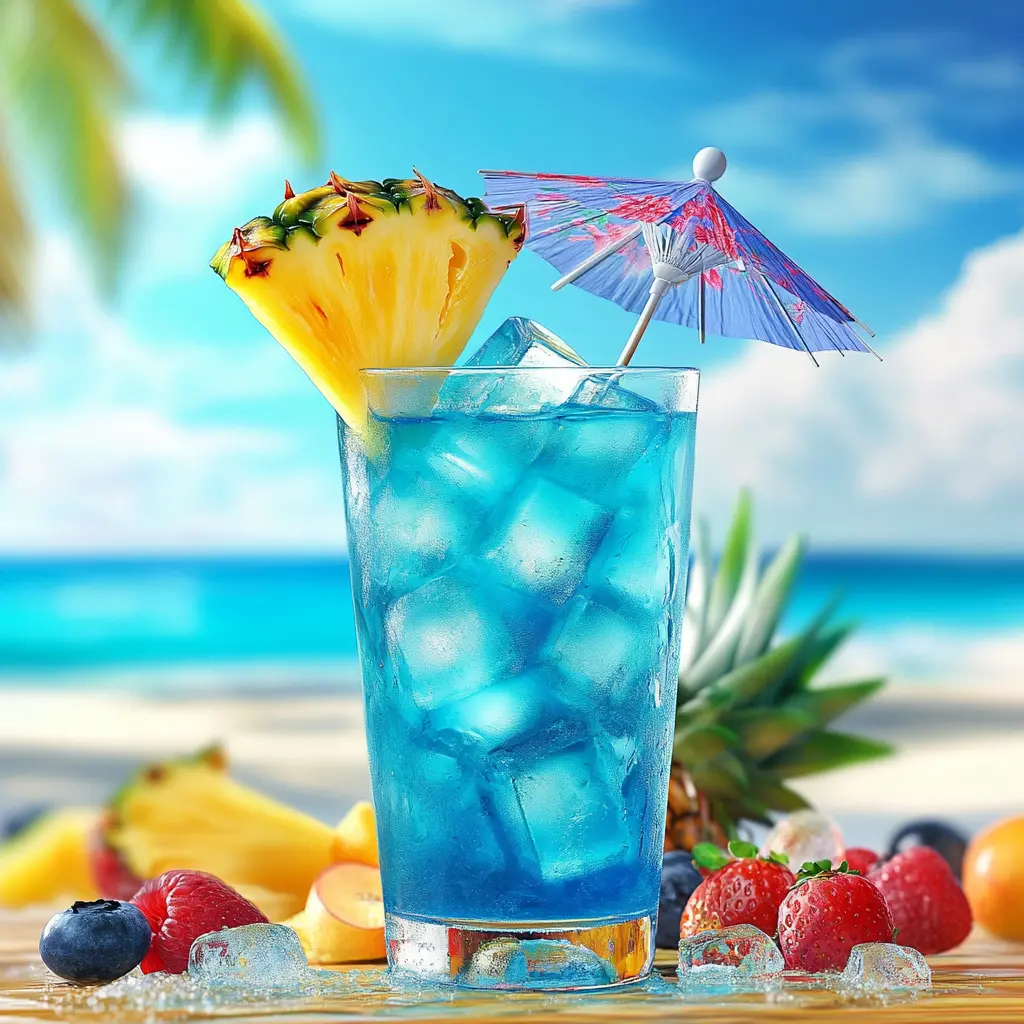 Refreshing Blue Hawaiian Mocktail with vibrant tropical colors served in a tall glass with a slice of pineapple.