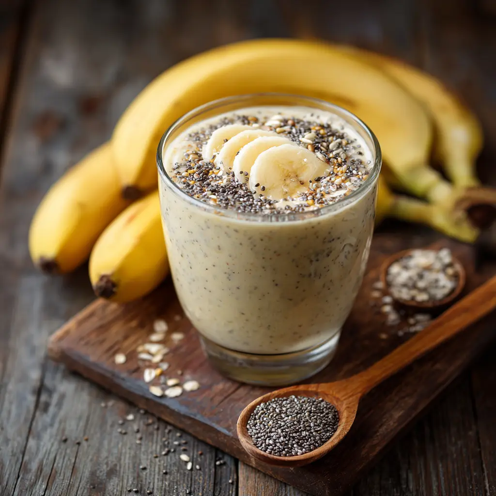 A refreshing banana smoothie for weight loss, garnished with banana slices and chia seeds.