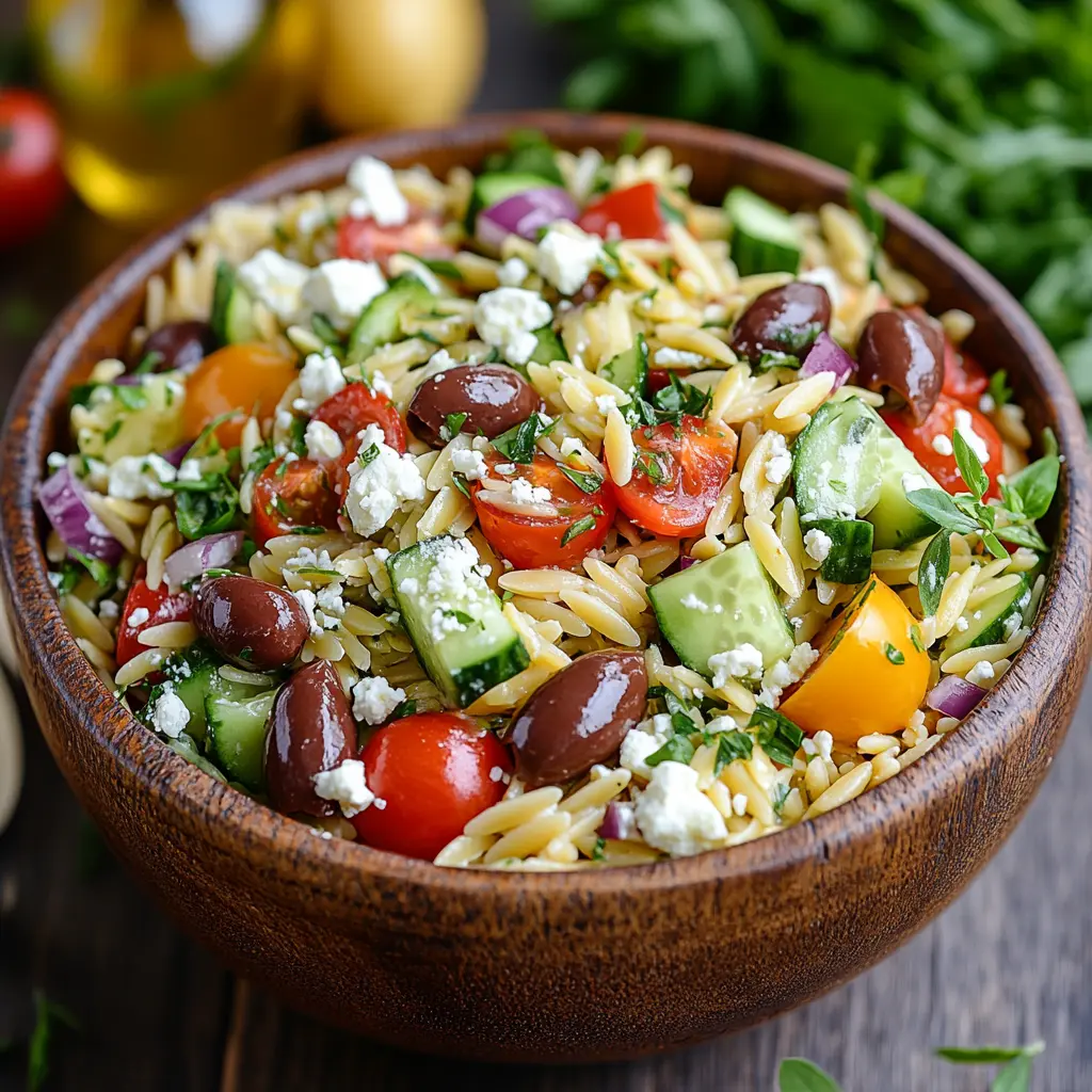 Greek Orzo Salad with feta, cucumbers, tomatoes, olives, and dressing