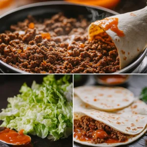 Step-by-step preparation of Taco Bell Baja Midnight, showing ground beef cooking, Baja sauce being added, and tortilla wrapping.