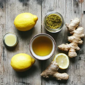 Ingredients for Japanese Mounjaro Recipe: green tea, lemon, ginger, and honey.