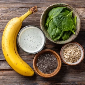 The ingredients for a healthy banana smoothie: ripe banana, almond milk, chia seeds, spinach, and cinnamon.