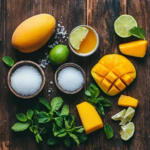 Ingredients for mango iced tea: mangoes, tea bags, sugar, lime, and mint.