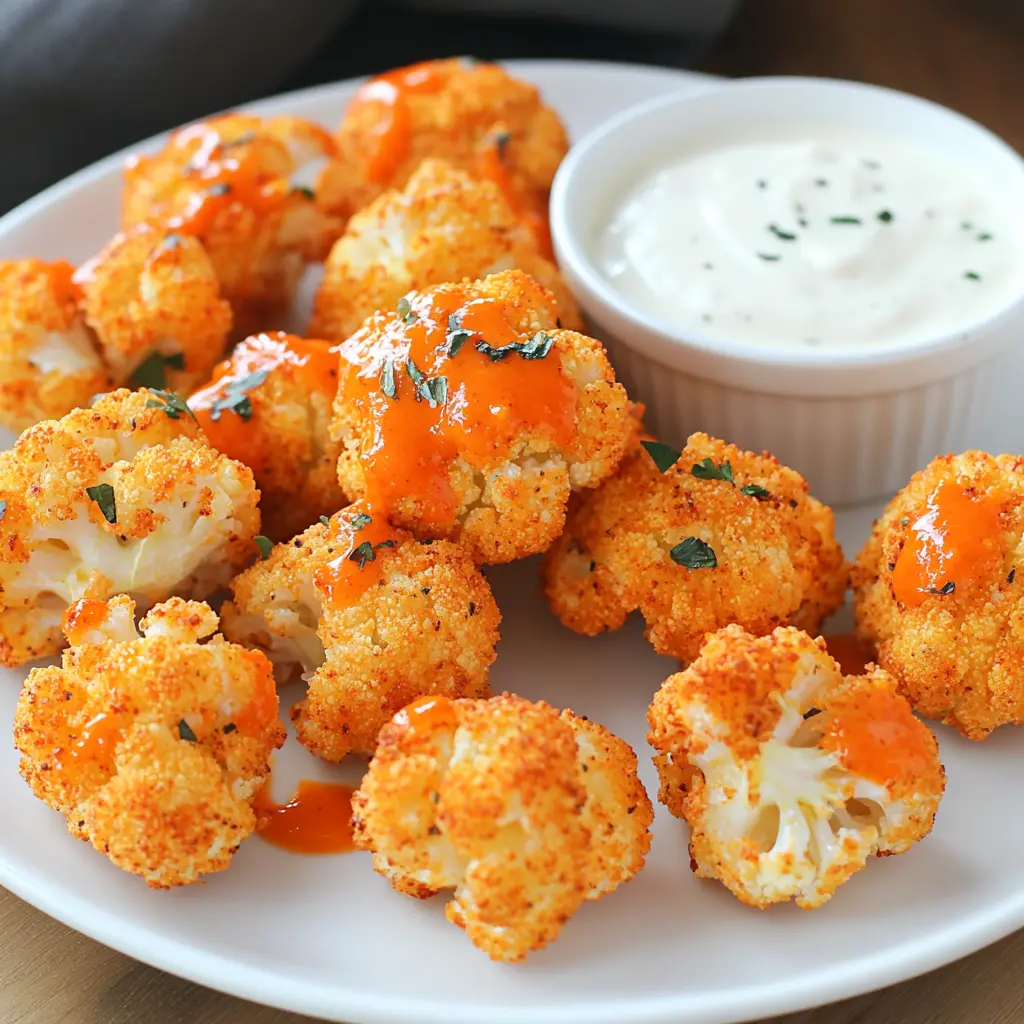 Buffalo cauliflower bites with a golden crispy coating and vibrant orange sauce served with a side of creamy dipping sauce.