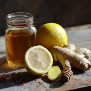 Ingredients for the Natural Zepbound Recipe: apple cider vinegar with the 'mother,' lemon, ginger, and honey.