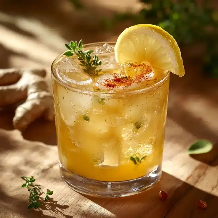 Glass of Brazilian Mounjaro Recipe served with lemon and ginger slices, garnished with cayenne pepper.