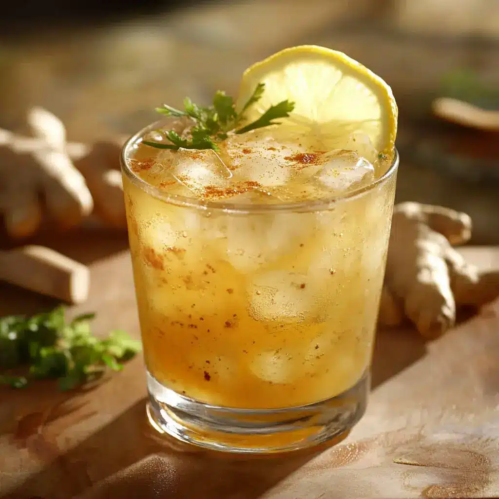 Glass of Brazilian Mounjaro Recipe served with lemon and ginger slices, garnished with cayenne pepper.