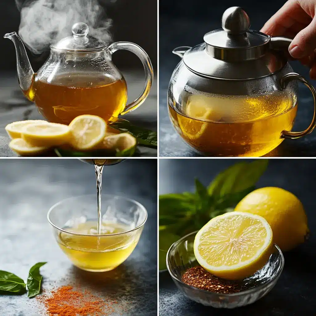Step-by-step guide to making Brazilian Mounjaro Recipe: boiling water, steeping yerba mate, adding lemon and apple cider vinegar, garnishing.