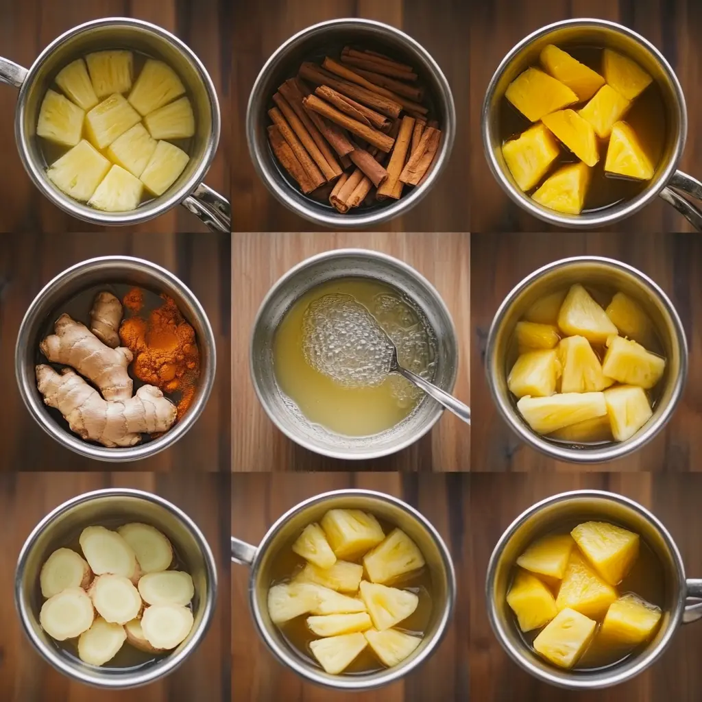 Step-by-step guide for making Costa Rican Tea for Weight Loss with ginger, turmeric, cinnamon, and pineapple.