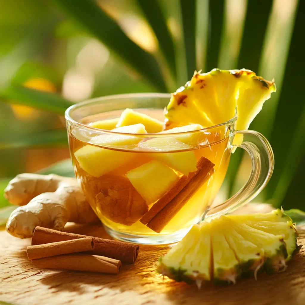 Costa Rican Tea Recipe a for Weight Loss in a tropical setting with ginger, turmeric, cinnamon, pineapple, and lemon slices.