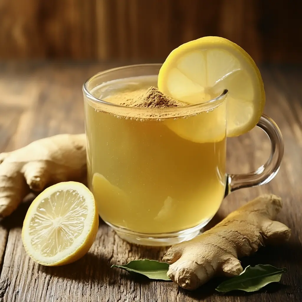 A Japanese Mounjaro drink in a transparent glass mug, garnished with a slice of lemon and ginger root, with ingredients like Mounjaro root powder, green tea, and lemon surrounding it.