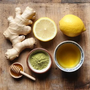 Ingredients for a Japanese Mounjaro drink, including Mounjaro root powder, ginger, lemon, green tea powder, honey, and a cup of hot water.