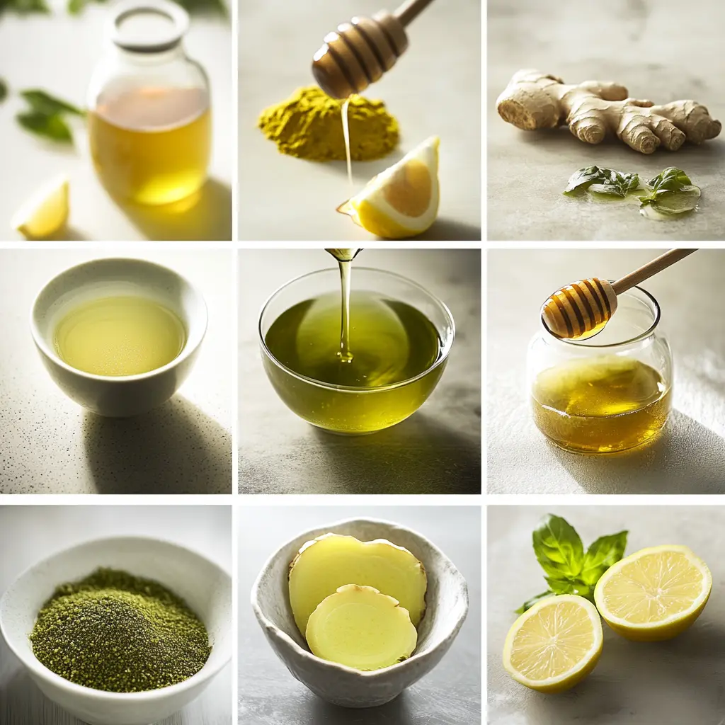 Step-by-step process of making Japanese Mounjaro drink: brewing green tea, adding ginger and lemon, stirring in honey.