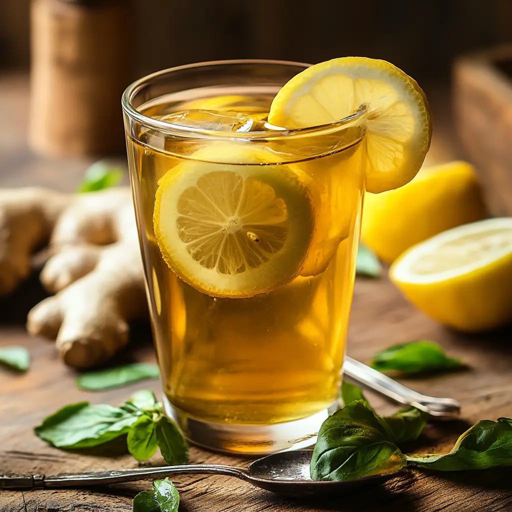 A glass of Japanese Mounjaro drink with green tea, fresh ginger, lemon, and honey, placed on a wooden surface with a slice of lemon and a tea spoon.