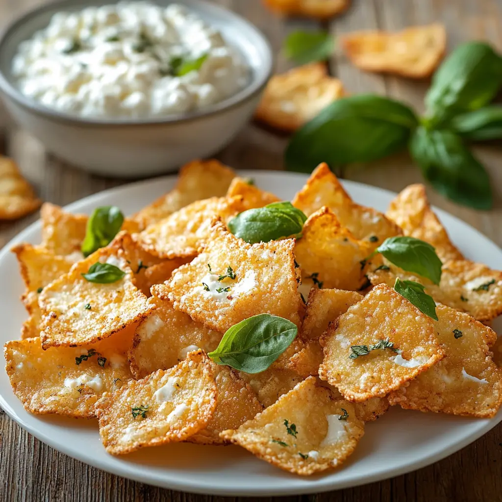 Homemade cottage cheese chips with seasonings, golden-brown and crispy, on a white plate with a fresh bowl of cottage cheese and herbs in the background.
