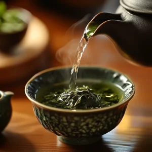 Preparing Japanese detox tea with green tea leaves