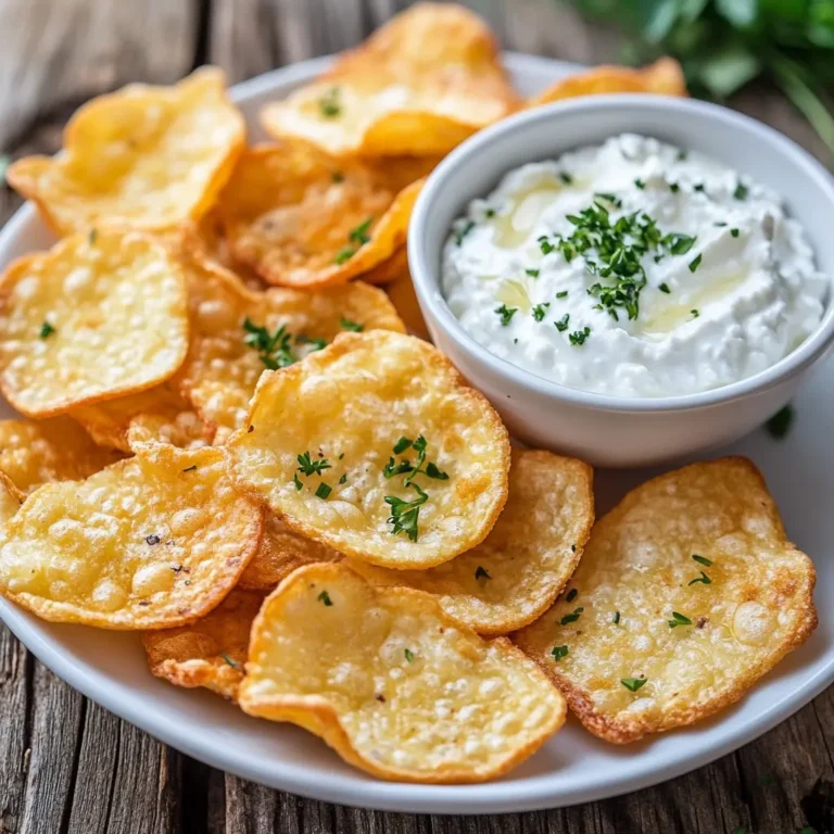 A plate of crispy cottage cheese chips served with a dipping bowl of creamy cottage cheese and garnished with fresh herbs.