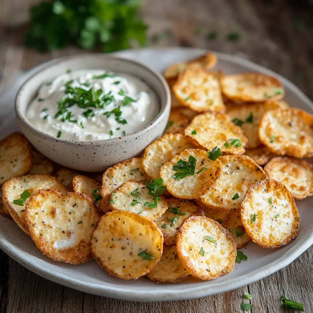 A plate of crispy cottage cheese chips served with a dipping bowl of creamy cottage cheese and garnished with fresh herbs.