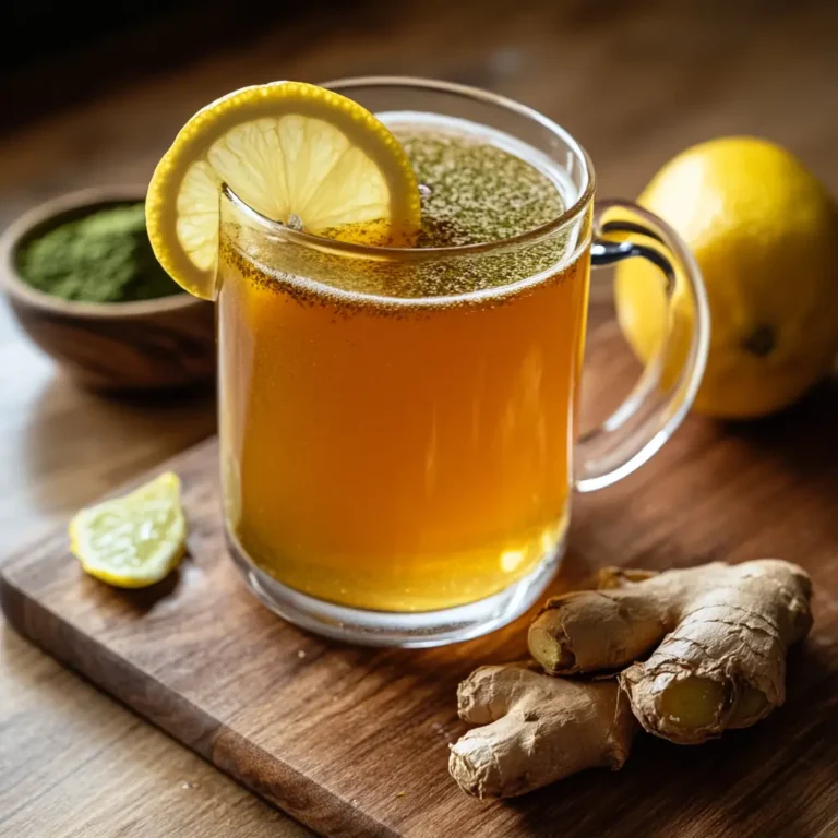 A finished Japanese Mounjaro drink served in a transparent glass mug with a slice of lemon and ginger root garnish.